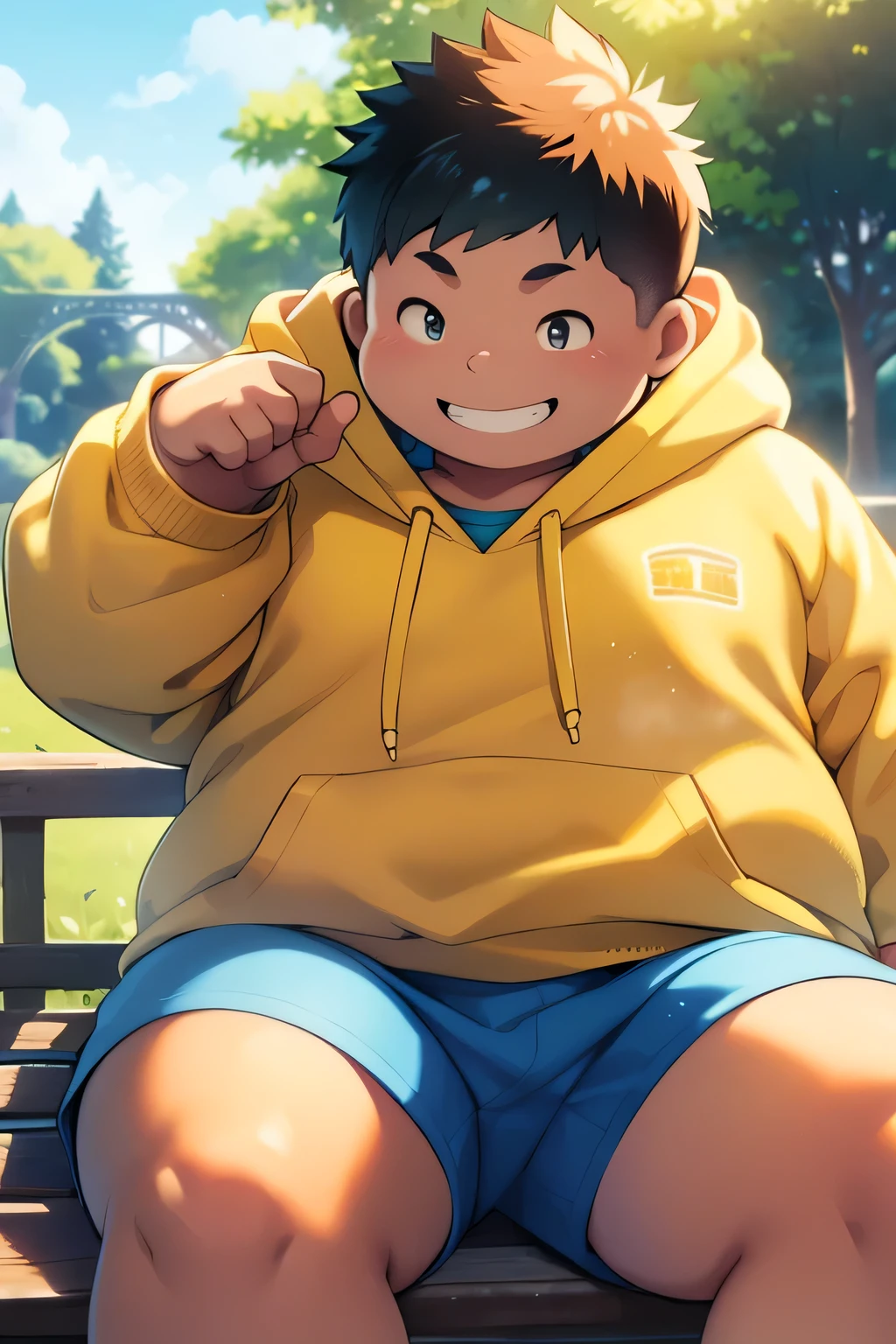 a cute chubby boy sitting in a park, smiling happily, sunny day, wearing shorts and a hoodie, overweight, detailed facial features, photorealistic, 8k, ultra-detailed, cinematic lighting, vibrant colors, warm color palette, beautiful park scenery, lush greenery, detailed background