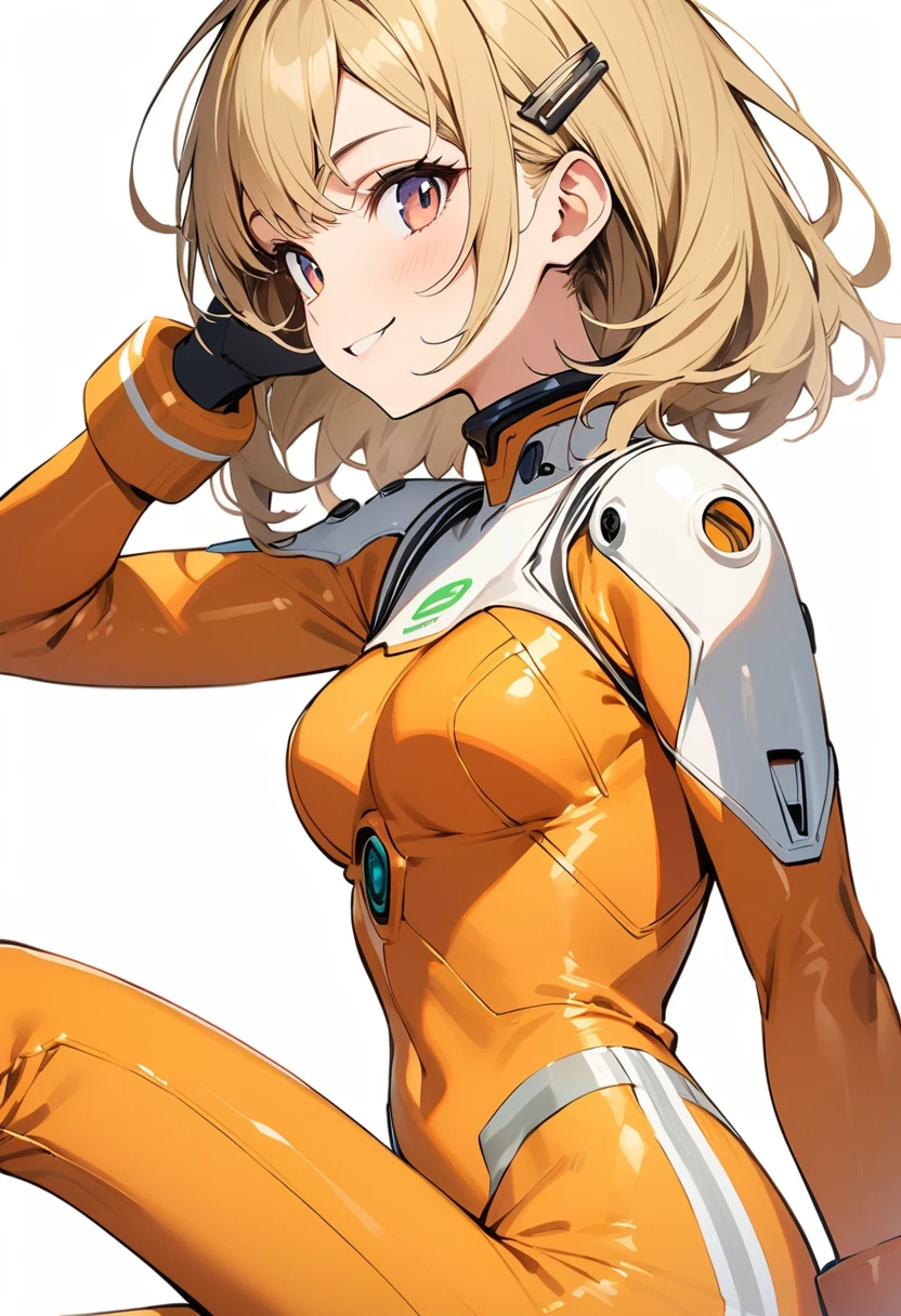(masterpiece:1.2),Highest quality,Pixiv ,One girl,alone,View your viewers,,smile,White background only,whole body,From the side,One knee,,Look to the side、white background only、Hair Clip, wise_Bodysuits, Pilot Suit, gloves, Plug Suit, 青のBodysuits、No background