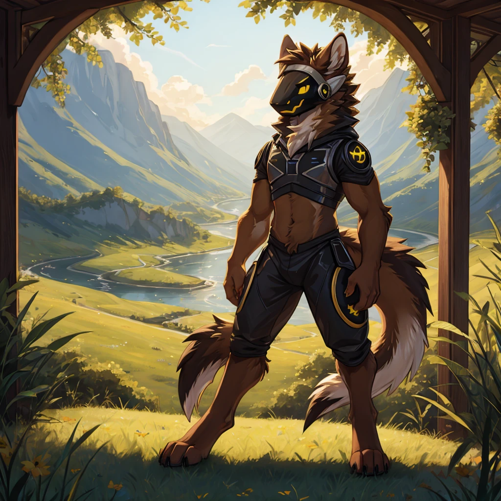 (very detailed illustration: 1.2), best quality, masterpiece, solo, natural lighting, protogen, (protogen face: 1.1), (protogen visor: 1.1), brown tail, torso, yellow eyes, dark brown fur, brown fur all over the body, dark brown hair, brown fur, full body ,he is standing, he is in a grass field, in front of it there is a beautiful landscape with a long river and lake with a lot of vegetation and it is a beautiful day, landscape