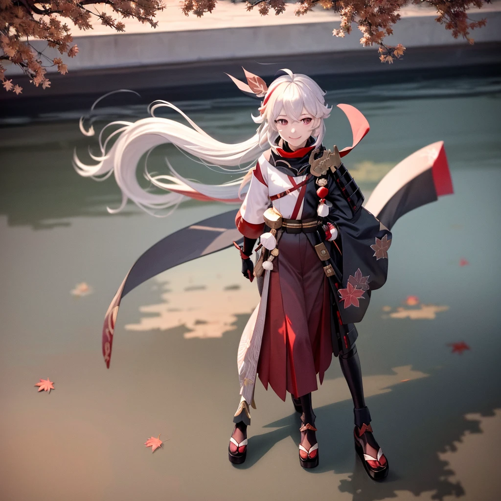 meticulous eyes,masterpiece, best quality,1girl, female focus, ,kaedehara kazuha,(very long hair:1.4), solo, japanese clothes, armor, streaked hair, multicolored hair, white hair, leaf, red hair,smile, bangs, red eyes, japanese armor, gloves
