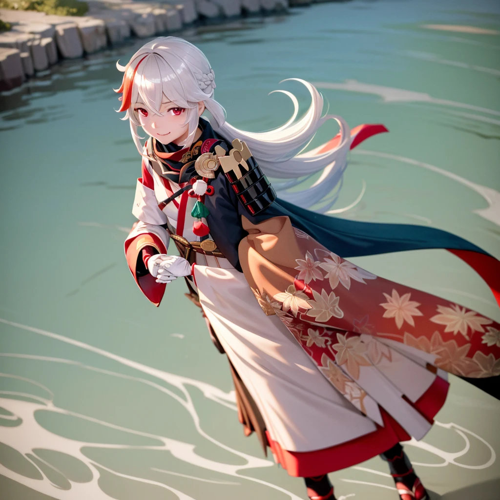 meticulous eyes,masterpiece, best quality,1girl, female focus, ,kaedehara kazuha,(very long hair:1.4), solo, japanese clothes, armor, streaked hair, multicolored hair, white hair, leaf, red hair,smile, bangs, red eyes, japanese armor, gloves