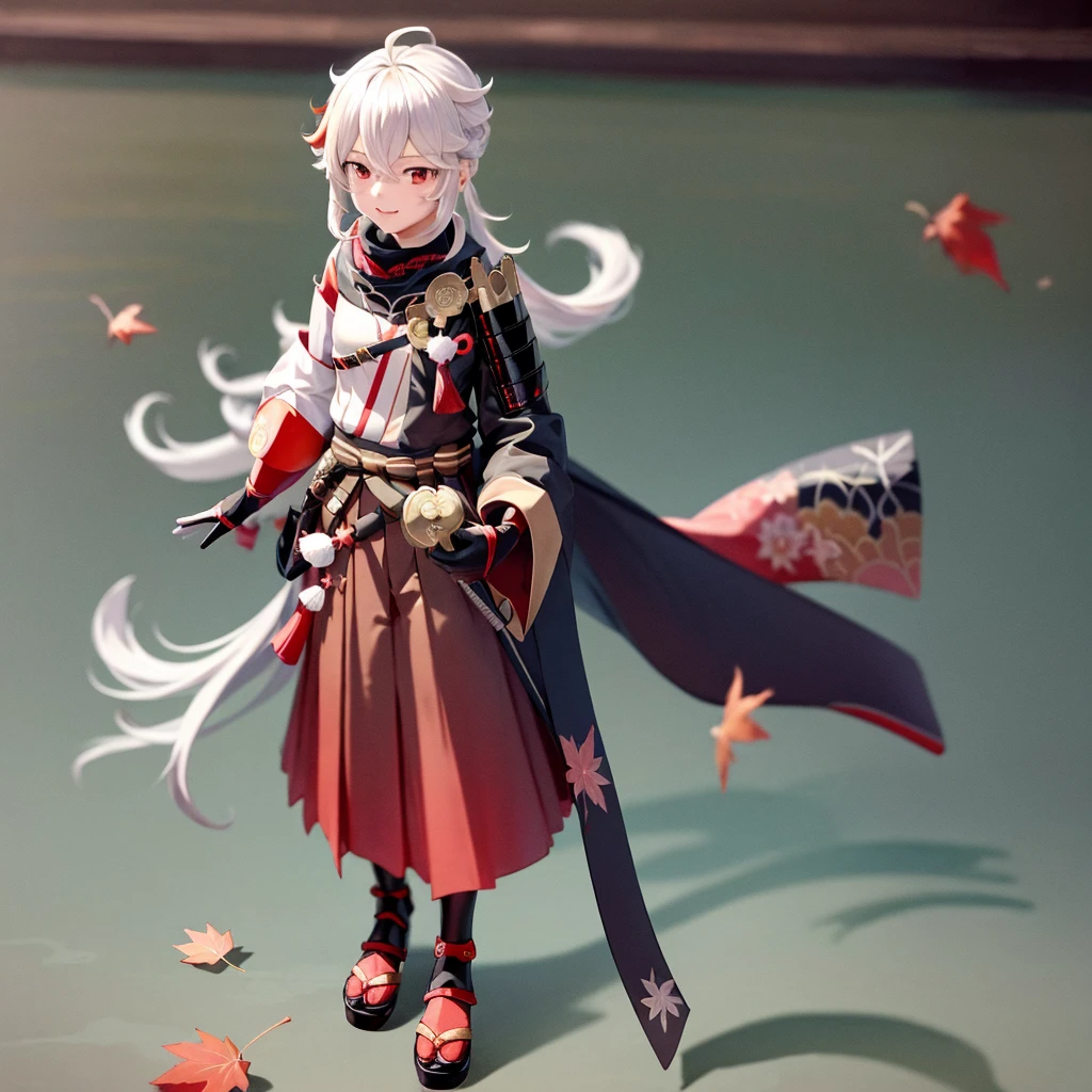 meticulous eyes,masterpiece, best quality,1girl, female focus, ,kaedehara kazuha,(very long hair:1.4), solo, japanese clothes, armor, streaked hair, multicolored hair, white hair, leaf, red hair,smile, bangs, red eyes, japanese armor, gloves