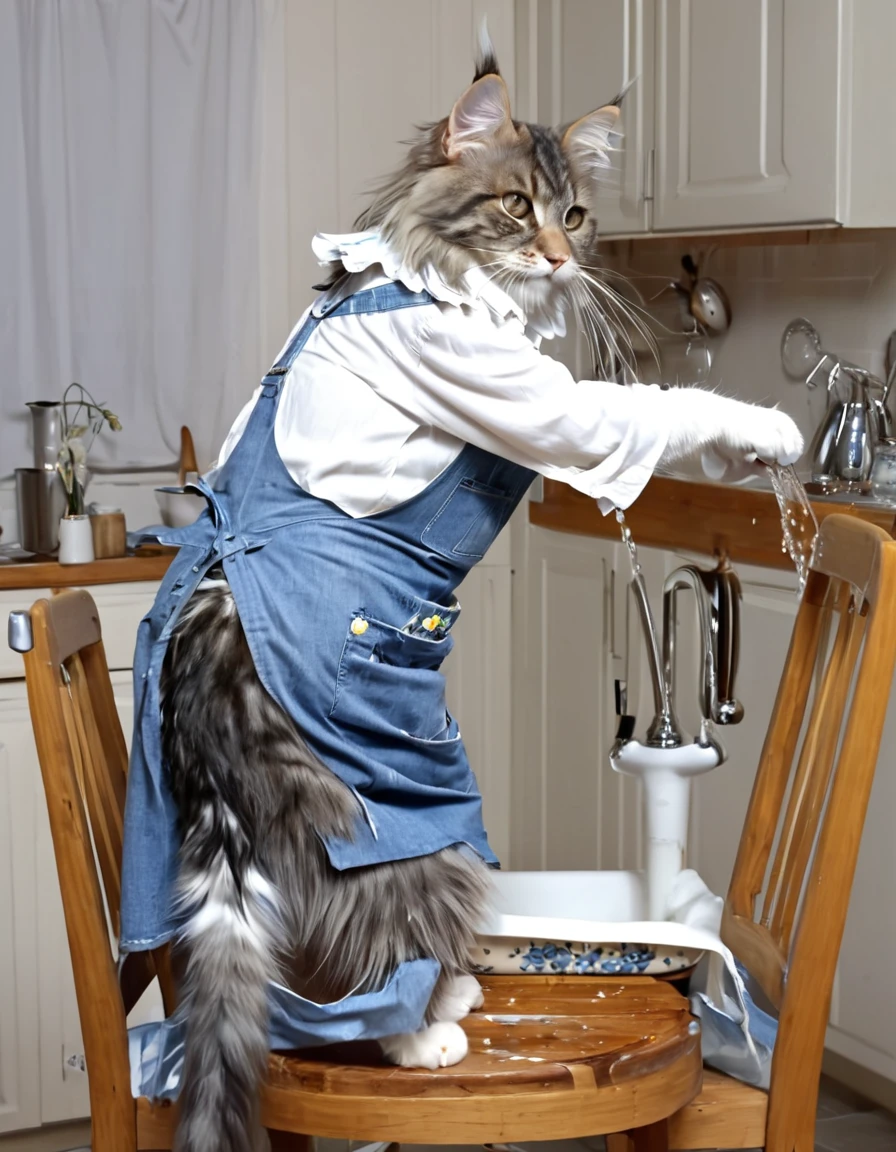 full-shot photograph of an anthropomorphic cat, Maine Coon cat breed, washing dishes, water falling from the tap, kitchen place, the cat is dressed in a torn light blue denim overalls and a white flowered apron, the cat is standing on a chair wood, wagging tail, in full HD, 16k