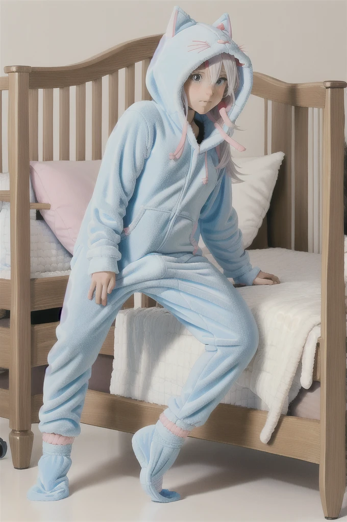 An anime image of a  boy with white hair playing with toys in a large nursery. teething ring, ((playing with toys)), (wearing cat hoodie-footie pjs), (((visible diaper bulge))), [[sleeping]], (in a crib 1.5), stuffed animals, solo, ((1boy)), best quality, extremely detailed, highly detailed, masterpiece, soft lighting, warm colors, pastel colors, (well drawn fingers), hood up
