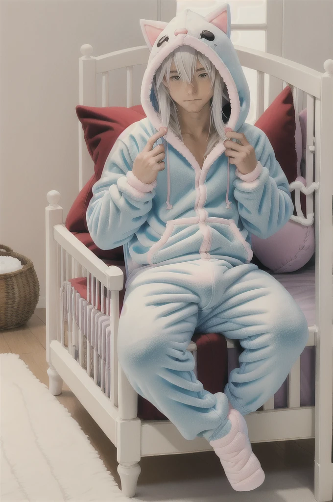 An anime image of a age boy with white hair playing with toys in a large nursery. teething ring, ((playing with toys)), (wearing cat hoodie-footie pjs), (((visible diaper bulge))), [[sleeping]], (in a crib 1.5), stuffed animals, solo, ((1boy)), best quality, extremely detailed, highly detailed, masterpiece, soft lighting, warm colors, pastel colors, (well drawn fingers), hood up
