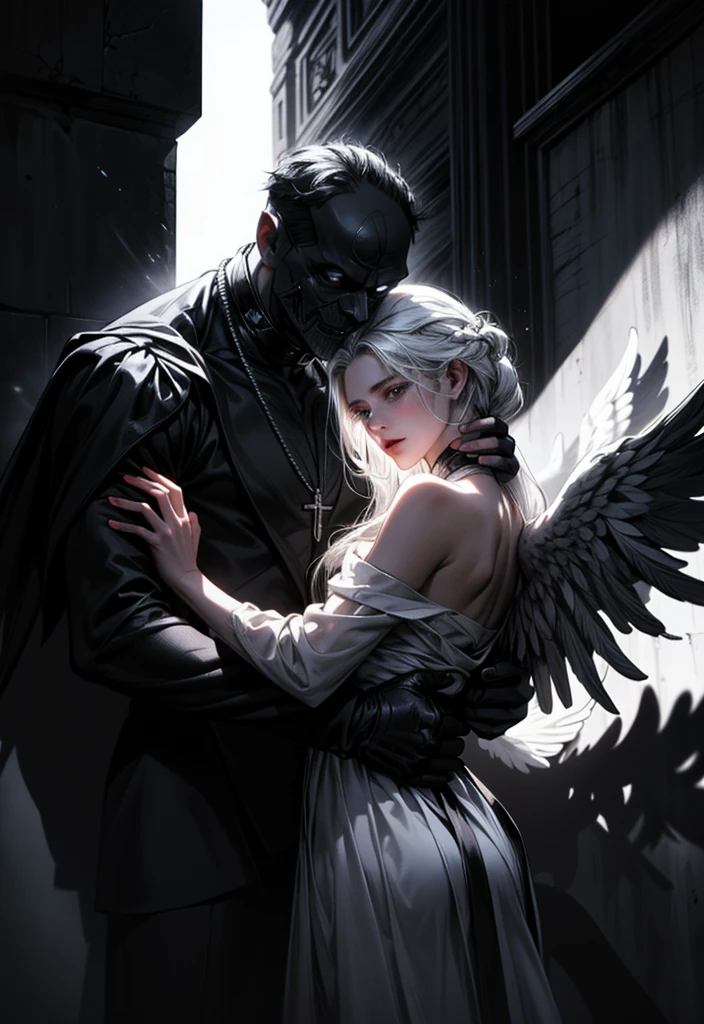 (masterpiece, top quality, best quality, official art, beautiful and aesthetic:1.2), extreme detailed, (fractal art), (black and white:1.5), (a girl embracing a shadow man in all black:1.5), (embracing), (tragic), large angel wings, dynamic angel, long hair flowing, occult, (oil painting), gloomy, holy, black background, side view, white hair