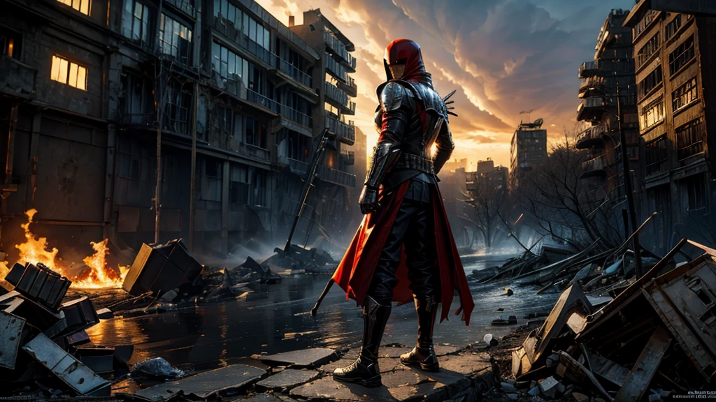 hdr, best 24k image, with shining armor a templar soldier, with a red hood, in front of a destroyed city, ruins fire, smoke, clear day