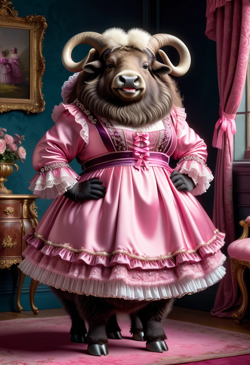 photorealistic portrait of Dressed animals-a ((fat)) ((musk ox)) princess,(furry), (elegant pose:1.5), (hands on hips:1.5),(smile:1.5),high quality,(),(lovely) ,intricate details, Wearing Gothic & Lolita pink dress , ( brim on head), highly detailed ((dress with frills and ribbon)) ,highly detailed accessories, high sox , (happy), soft lighting,(full body image:2.0),in Rococo style room background,,score_9, score_8_up, score_7_up, score_6_up, score_5_up, score_4_up,