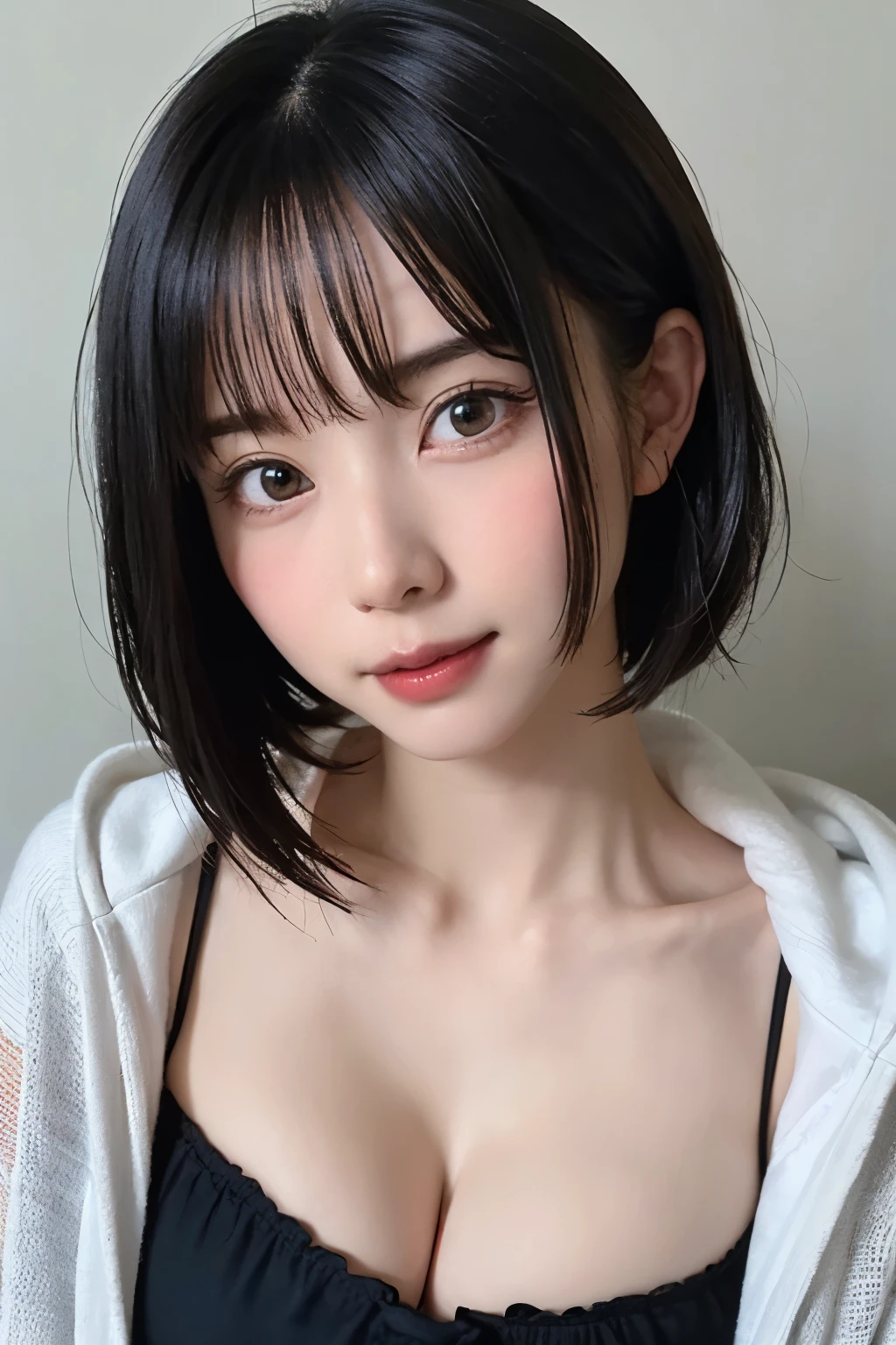 Everything is beautifully detailed:1.6,masterpiece、Highest quality、1 girl, alone, alone focus, Cowboy Shot, Portraiture, Oversized hoodie, Blue and white hoodie, half水彩画, half, ((Black Hair)), (Shiny Hair), (Gradient Hair :1.5), Curly Hair, ((Beautifully drawn delicate eyes)), Very detailedな目, Sunburn, (Dark caramel skin:1.1), Highest quality, Very detailed, White Background, Simple Background、{Huge|big|Hugeな|Mega} chest:2, chestの谷間:2、開けたchest、Perfect Anatomy、Cute Smile、short hair、bangs、Listen carefully、Beautiful long neck、Perfect Anatomy