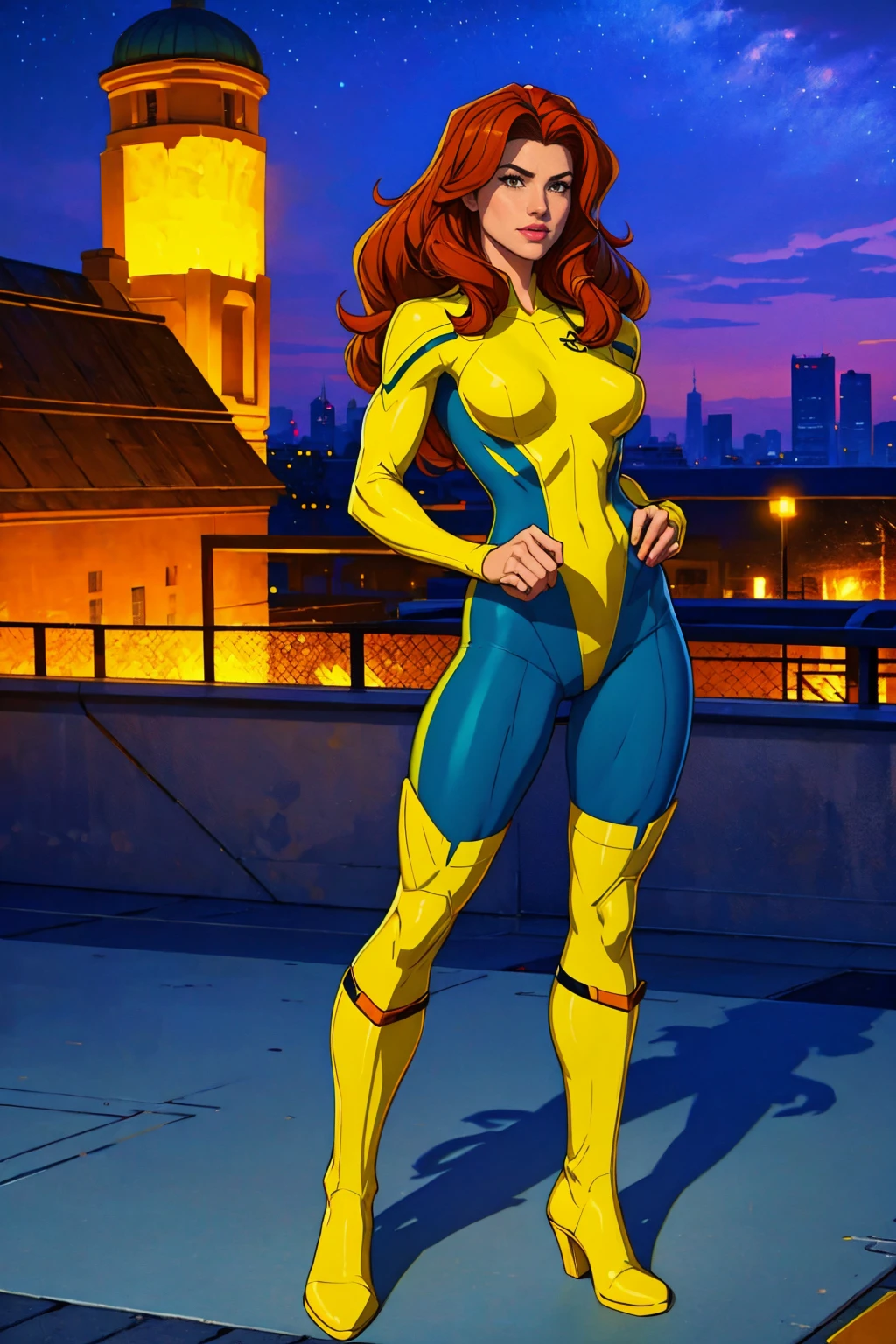 ((Full body shot, standing, feet on the ground)) Rogue, X-Men, (best quality, 4k, 8k, high resolution, cyclist body, masterpiece: 1.2), ultra-detailed, (realistic, photorealistic, photorealistic: 1.37), full body photo, yellow high boots, voluminous hair, beauty pose, standing, show feet, outside, city roof at night, green bandana
