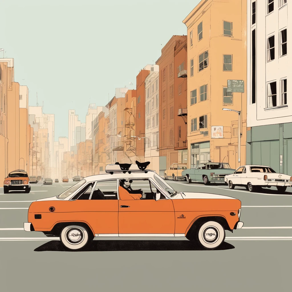 cat[-like , sweet,very cute,art by Sophie Roach , art by Jon Klassen , art by Michael Cho , art by Sophie Roach、sunglasses,smoking,city、driving,jeep
