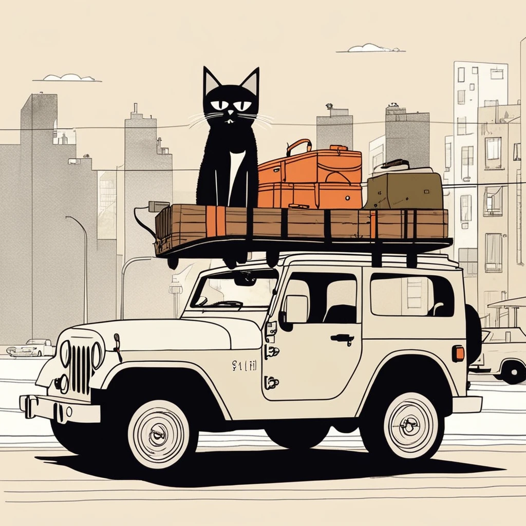 cat[-like , sweet,very cute,art by Sophie Roach , art by Jon Klassen , art by Michael Cho , art by Sophie Roach、sunglasses,smoking,city、driving,jeep