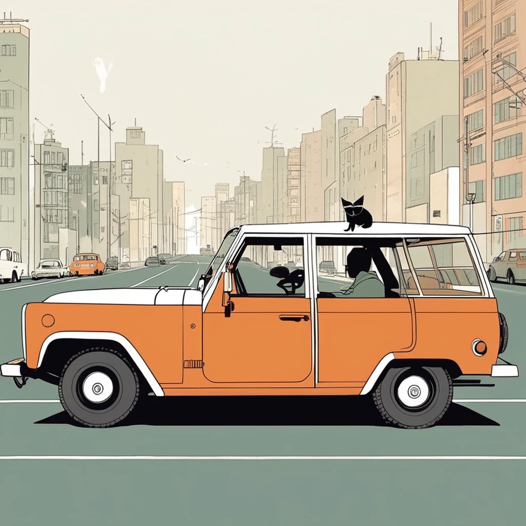 cat[-like , sweet,very cute,art by Sophie Roach , art by Jon Klassen , art by Michael Cho , art by Sophie Roach、sunglasses,smoking,city、driving,jeep