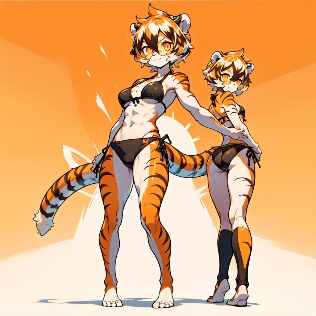 white background, full body,2girls，solo, Standing:1.5, animal ears, white hair, black hair, short hair, large breasts, Abdominal muscles,, tail, orange eyes, orange hair, multicolored hair, tiger girl, hair between eyes, tiger_ears, tiger_tail, orange-tinted_eyewear, tinted_eyewear, big breasts, evil smile, Shadows under feet,((front view,back veiw)) (((minibikini outfit:1.2))),