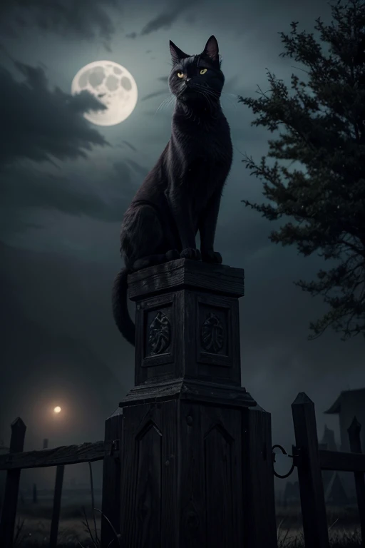 Generate a high-definition image of a realistic black cat perched atop an ancient, weathered wooden fence. The scene should exude a dark fantasy aesthetic with a deep, shadowy ambiance. The night sky is dark, with a full moon casting an eerie, mystical glow in the background. The cat is entirely black with bright, glowing eyes that create a striking contrast with its dark fur. The overall atmosphere is mysterious and enchanting, with a sense of ancient magic. The fence is old and weathered, adding to the gothic and mystical feel of the image. The surroundings are dimly lit, with muted and desaturated colors enhancing the dark fantasy theme. Faint mist swirls around the base of the fence, and silhouettes of twisted trees loom in the background, enhancing the eerie and otherworldly atmosphere. Ensure the cat is prominently positioned on the fence to highlight its presence in this dark, fantastical setting."