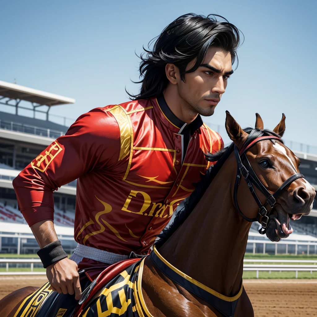 A 27 year old man that is a muscular, attractive, black hair with somewhat tan skin, brown eyes, sharp jawline, thick eyebrows, racing silks outfit with bright and colorful patterns. Background is a race track outside during the day.