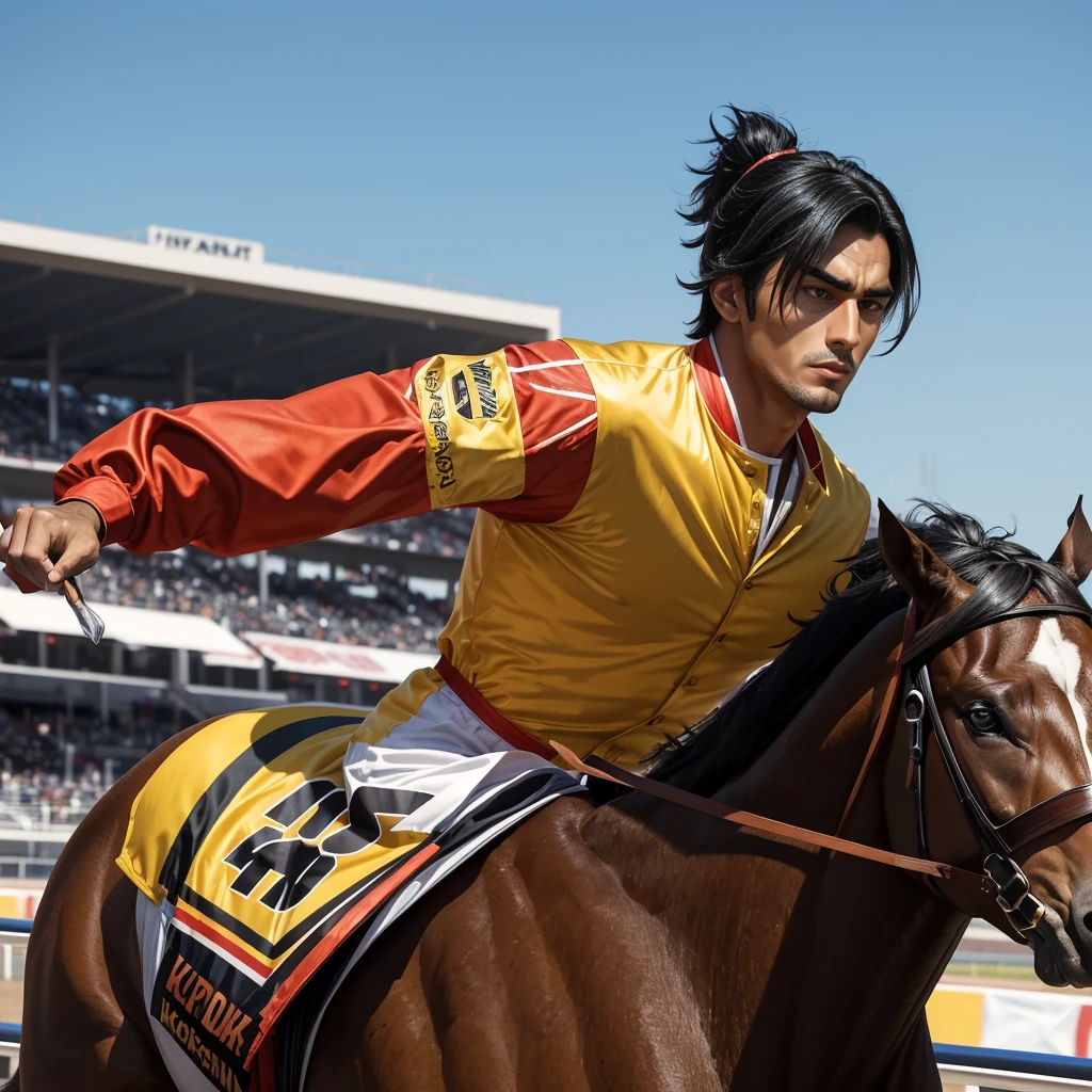 A 27 year old man that is a muscular, attractive, black hair with somewhat tan skin, brown eyes, sharp jawline, thick eyebrows, racing silks outfit with bright and colorful patterns. Background is a race track outside during the day.