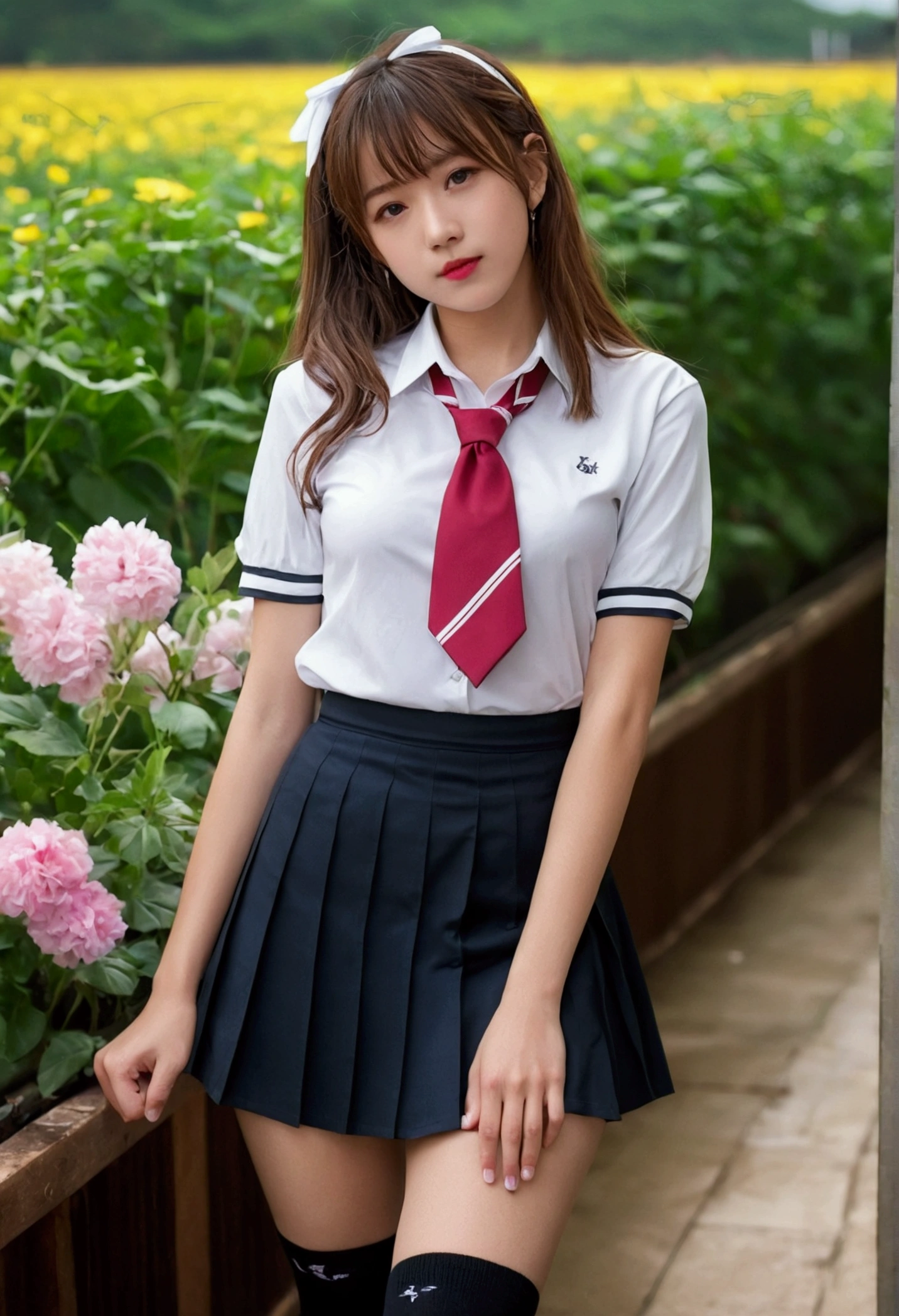 Browsing Caution, 8K RAW Photos, Highest quality, masterpiece, Ultra-high resolution, Film Grain, movie, One girl, Viewer's gaze, Natural skin texture, Realistic eye and facial details, ふっくらとしたlips, lipstick, (compensate), Red eyeshadow, Messy Hair, smile, Close your mouth, beautiful feet, Tall Woman, skinny, slim_feet, alone, Cleavage, , Super short skirt, Small Ass, shirt, Beautiful natural place, around flowers location, (Detailed Background), Checked skirt, White shirt, big , Cleavage, Show a little Cleavage through shirt, loafers, Blurred background, Blurred, Holding, please, Short sleeve, JK Ribbon around the neck, JK Ribbon, Brown Hair, bracelet, water, bangs, uniform, jewelry, lipsを離した, lips, Pleated skirt, Depth of written boundary, Black panties, Open feet, ((14 years old))), Thin thighs, Black knee-high socks