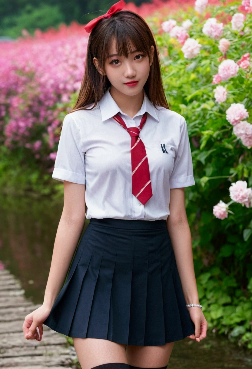 Browsing Caution, 8K RAW Photos, Highest quality, masterpiece, Ultra-high resolution, Film Grain, movie, One girl, Viewer's gaze, Natural skin texture, Realistic eye and facial details, ふっくらとしたlips, lipstick, (compensate), Red eyeshadow, Messy Hair, smile, Close your mouth, beautiful feet, Tall Woman, skinny, slim_feet, alone, Cleavage, , Super short skirt, Small Ass, shirt, Beautiful natural place, around flowers location, (Detailed Background), Checked skirt, White shirt, big , Cleavage, Show a little Cleavage through shirt, loafers, Blurred background, Blurred, Holding, please, Short sleeve, JK Ribbon around the neck, JK Ribbon, Brown Hair, bracelet, water, bangs, uniform, jewelry, lipsを離した, lips, Pleated skirt, Depth of written boundary, Black panties, Open feet, ((14 years old))), Thin thighs, Black knee-high socks