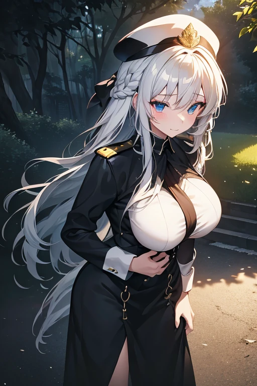 a beautiful girl with long white hair, wearing a police uniform, slender figure, (large ), (large bottom), (handcuffed), (trapped), traje de oficial, (esposada), atrapada., (en una escuela)