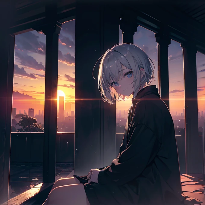 (Dark Scene, Soft lighting, High saturation):1.4, Vivid lighting, Enchanting elegance, Atmospheric Depth, Great technology, Naturalistic representation, Harmonious composition, Creative refinement, Striking contrast, (One beautiful girl), Sitting, smile, In underwear, Expose, Short gray hair ((sunset)),Volumetric Fog, Outdoor, Backlight