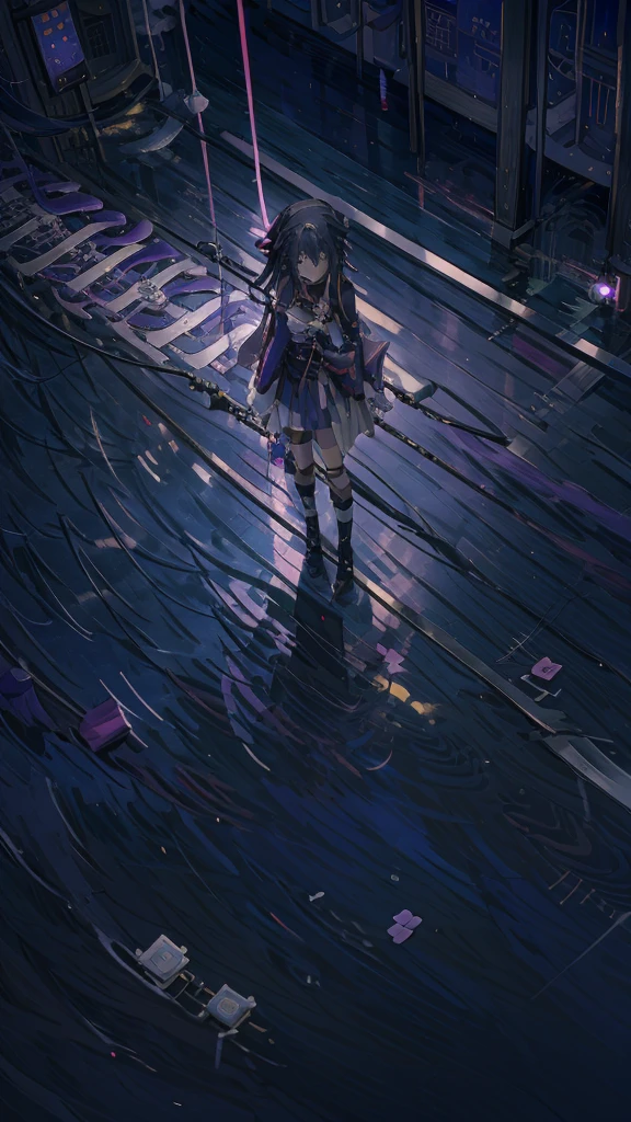 Long and purple haired anime girl holding a cane, anime style like fate/Stay Night, Hajime Yatate, mirai nikki, Gap Moe Yandere grimdark, Yoseharu Agotoge, Gap Moe Yandere, Jormungand Anime, misato katsuragi, Danganronpa digital art, nagito komaeda
