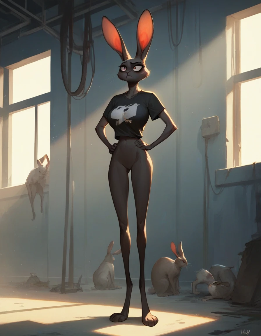 Masterpiece, best quality, Masterpiece, best quality, 1 woman , Black rabbit , ferry , conjunctivitis , sly face , indifferent face , naked , T-shirt with waist , abdomen , big breasts , Long legs , hands on hips , abandoned factory , at night