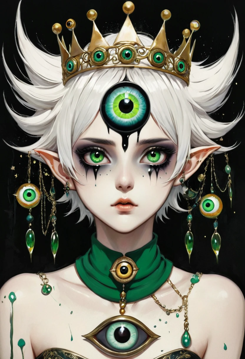 Japanese Anime，Second Dimension，Horror style，horror character，(((Three-eyed boy，独奏，third eye on the forehead，Dark eyeshadow，White short hair，Elf ears，Exaggerated golden crown-eyeball decoration))),(((Wrapped in bandages))).(((Thin waist，Green belt：1.6))).(style of santiago caruso,Tattoo on the neck)，Eyeball Bracelet，Ink smudged black background blur
