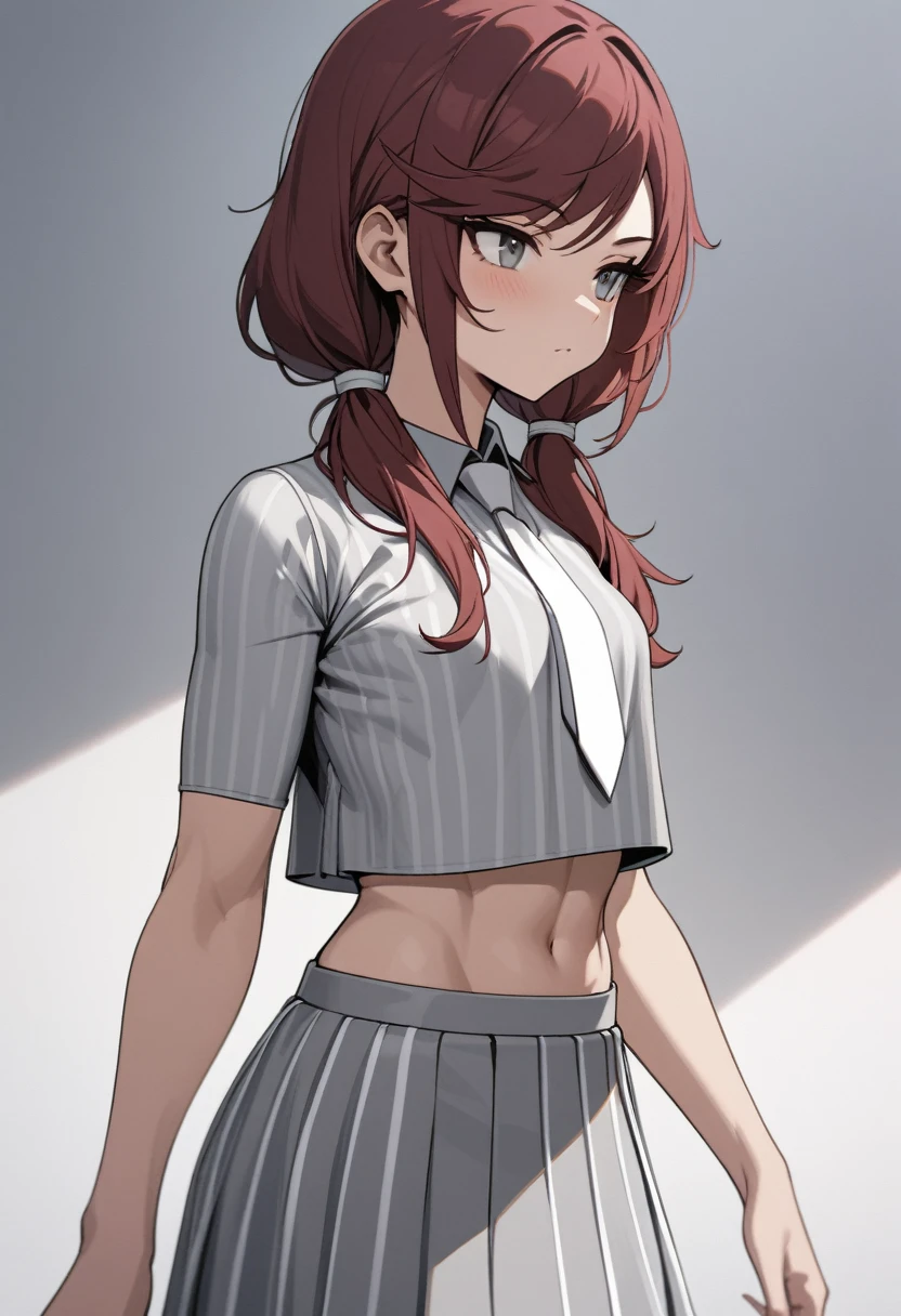 (masterpiece, best quality), 1girl, stoic, looking to the side, beautiful face, Gray eyes, Dark red hair, swept bangs, low twin tails, white ribbons, gray collared oversized crop top with white vertical stripes, crop top overhang, long gray skirt with white vertical stripes, white necktie, small breasts, toned arms,