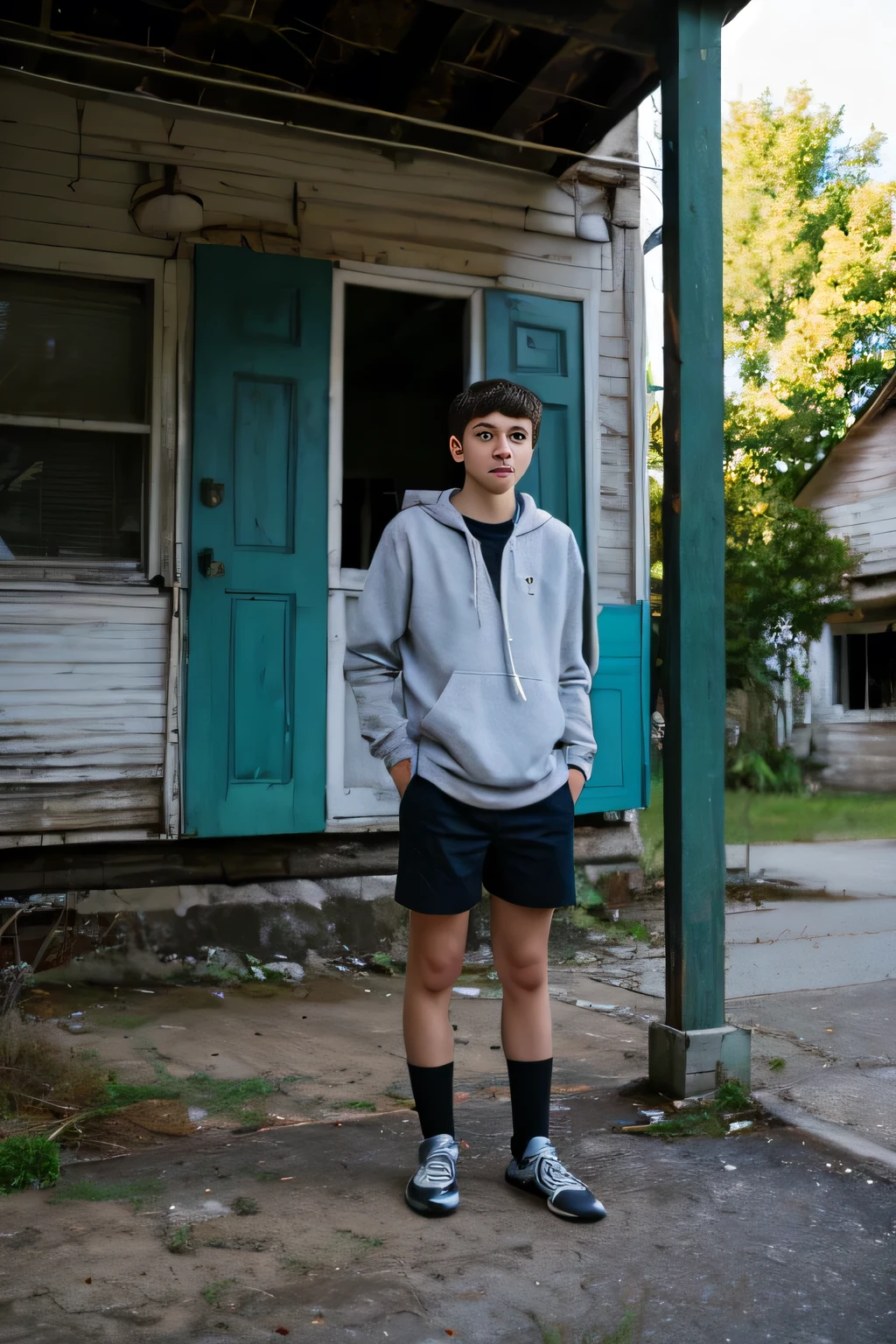 Realistic photo of solo handsome teenage men ,Standing In front of an abandoned house ,daytime
