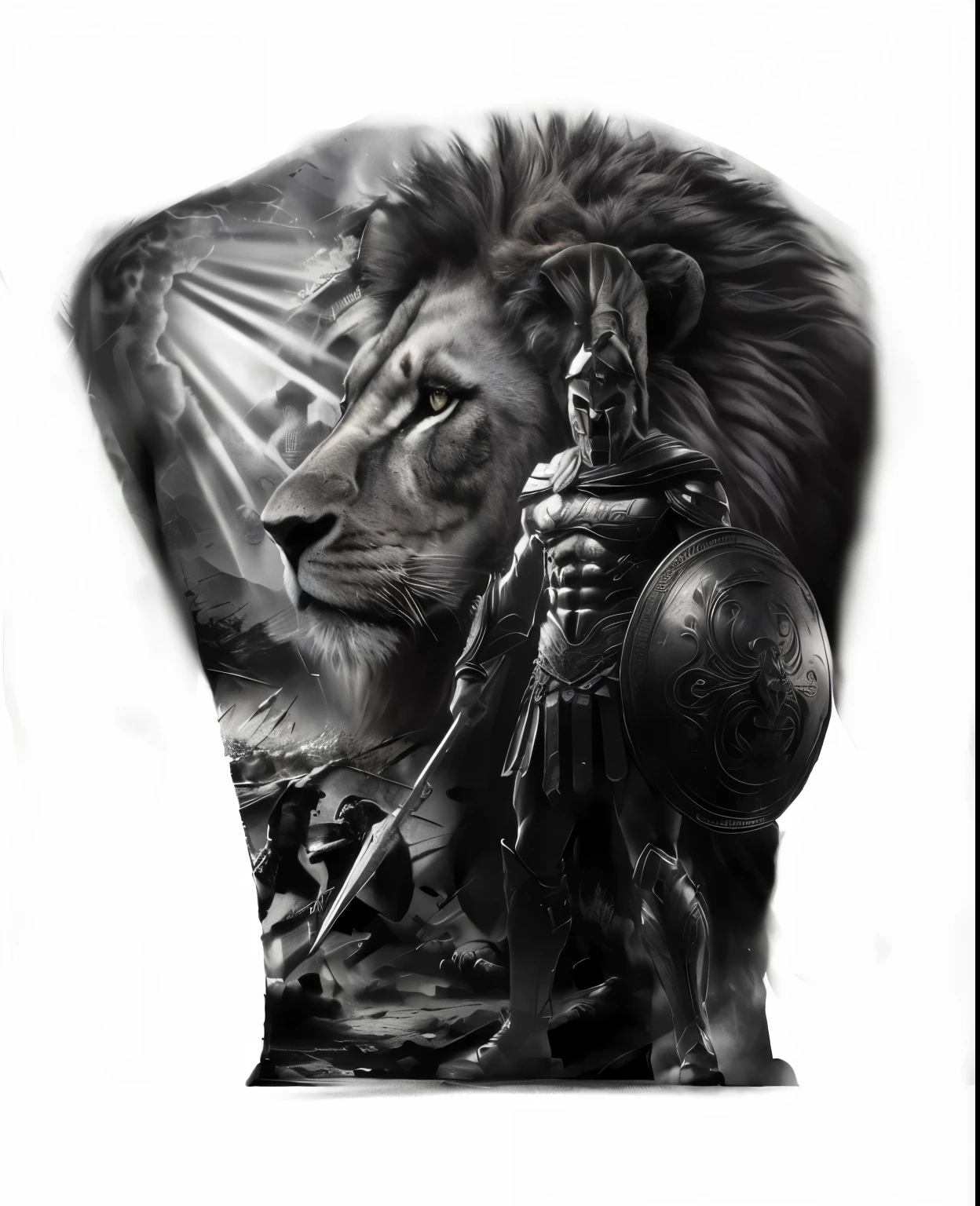 Close-up of a lion,There is a warrior on the lion's back, Lion Warrior, realism tattoo design, 3D tattoo designs, detailed Airbrush Art, Single color spray gun, 2d full body lion, realism tattoo drawing, Airbrush Rendering, author:Pogus Caesar, realism tattoo sketch, Realistic black and white, spartan warrior, realism tattoo, Airbrush Art