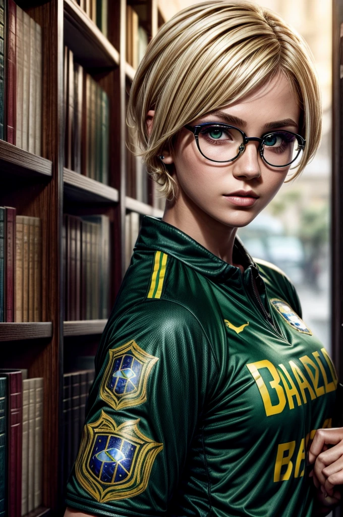 1 girl, blonde hair, short hair, updo hair, Brazil national team shirt, round eyewear, glasses, library, green eyes, solo, leaning towards viewer, black eyeliner