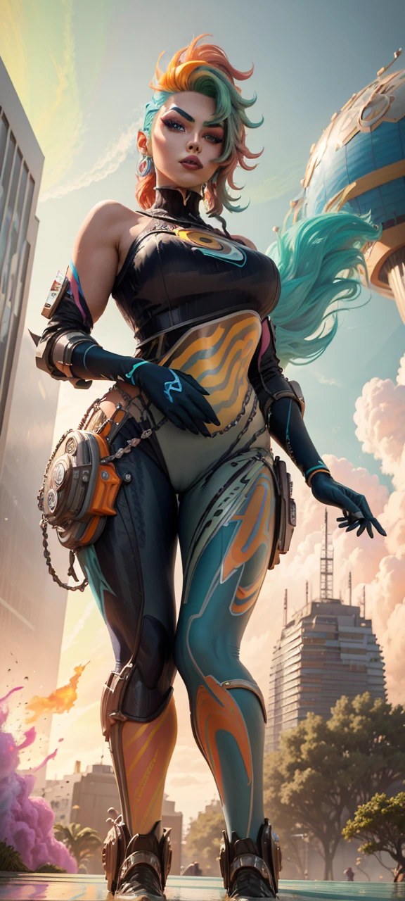 A colorized photo of a woman with bold makeup and brightly colored hair, surrounded by elements of CG society. In the background, you can see futuristic buildings and advanced technology, while in the foreground, the woman poses with a defiant attitude. Vibrant pastel colors and pop art look give a unique touch to this colorful portrait.