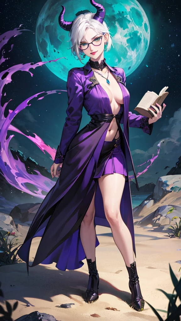 8k, masterpiece, best quality, highly detailed, 1 girl, tiefling, warlock, multicolored hair, very short straight hair green highlight hair on white hair, strippled hair, wearing glasses, round glasses, earrings, navel piercing, miniskirt, red eyeshadow, long eyelashes, blushed cheek, red lips, necklace, rings, collarbone, mole, glamorous, teal clothing, purple clothes, smirk, fullbody view, rings, looking at viewer, demon horns, solo, nightmarish landscape, blue pale moon, standing, cosmic horror, decaying, holding books