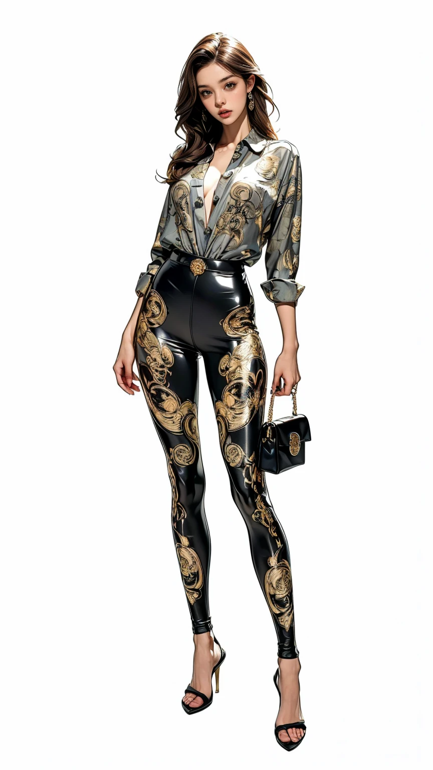 ((best quality,4k,highres,masterpiece:1.2)),((character concept art)), 1 female, age 25, European. Known for her impeccable fashion sense and elegant demeanor, she is a true embodiment of the Versace brand. Her body language is as captivating as her style, always exuding confidence and high fashion. (((She's wearing an exquisite Versace Barocco-print Shirt in Silk and Barocco-print leggings, a true testament to the brand's luxurious aesthetic.))) Paired with Versace Medusa Tribute Sandals, she carries her ensemble with an air of effortless sophistication. Her accessories include a Versace Medusa Tribute Bag and a pair of Versace Tribute Sunglasses, enhancing her overall look. ((intricate detail)), super finely detailed hands, ultra finely detailed fingers(((ten fingers))), (standing confidently), (full body showcase), (show full body), (no logos on background), (no logo), ((plain background)), ((plain background)), (((empty background))).