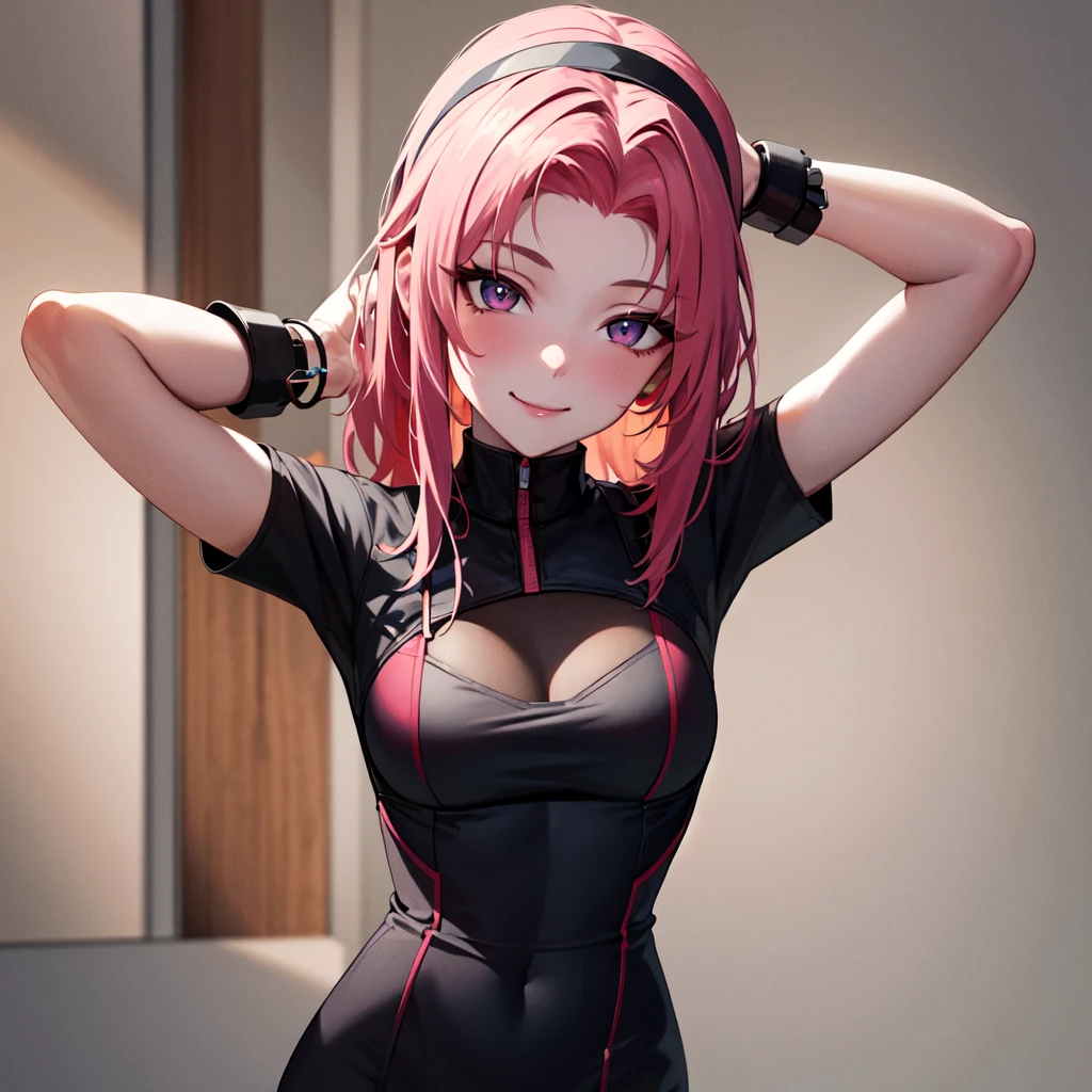 masterpiece, Best quality,Sharpness,absurdity ,1 girl, Haruno Sakura,mark on forehead, red hairband,, bracelet, I look at the viewer, (hands behind your head:1.1), smile,, medium large breasts,I&#39;m standing in the garden,hands behind your back,Close-up,upper body only , black latex full body suit , shiny black latex, Shiny skin 
