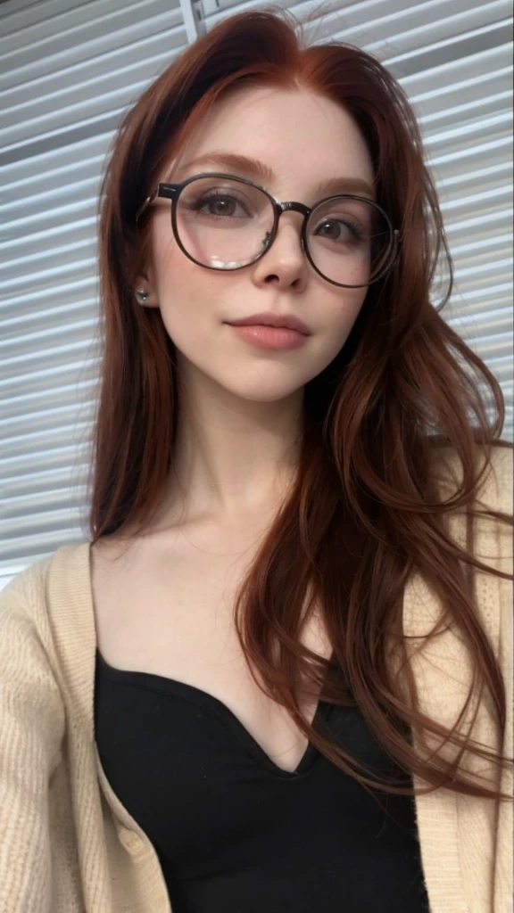 photo of a redhead woman with black rim glasses