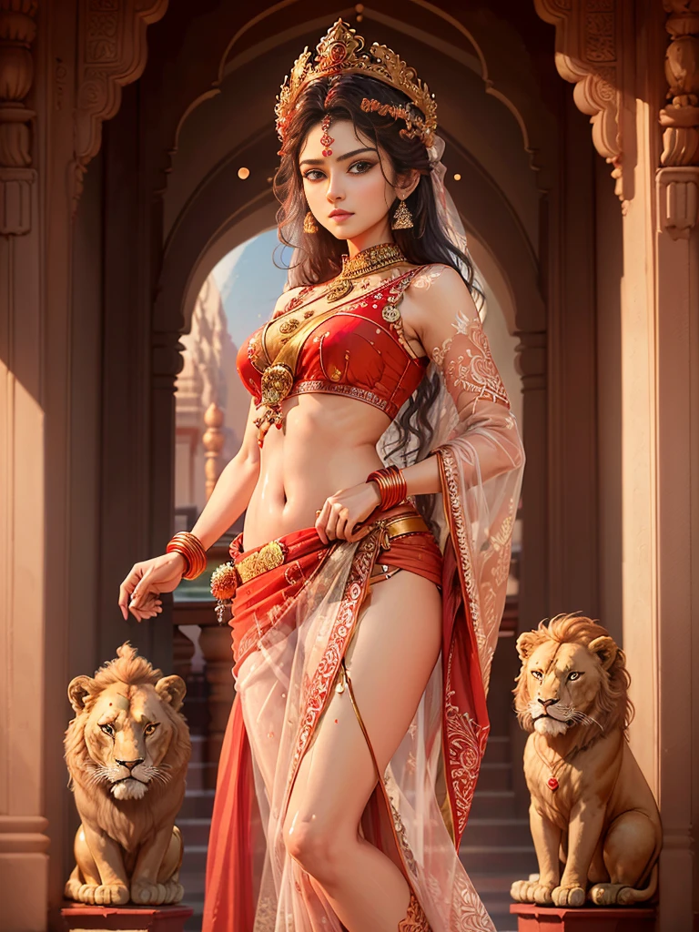 (highly detailed), (illustration), (intricate), (beautiful face), (attractive body), (complete body picture), modern indian goddess, Hinduism, (transparent red saree), dynamic pose, deity crown, (lion standing nearby), colorful, eye-catching, heavenly.