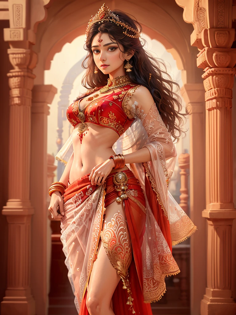 (highly detailed), (illustration), (intricate), (beautiful face), (attractive body), (complete body picture), modern indian goddess, Hinduism, (transparent red saree), dynamic pose, deity crown, (lion standing nearby), colorful, eye-catching, heavenly.