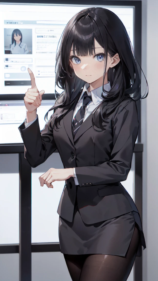 Best image quality, 8k, (Ultra-high resolution:1.5,Japanese,Serious expression,Delicate eyes,Sensitive face,Attractive face,Long Black Hair、conference room、Grey recruit suit、Black Pantyhose、Giving a presentation to everyone、screen、Pointing stick