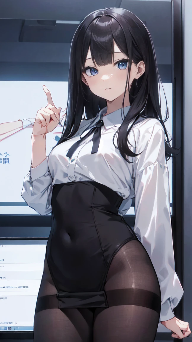 Best image quality, 8k, (Ultra-high resolution:1.5,Japanese,Serious expression,Delicate eyes,Sensitive face,Attractive face,Long Black Hair、conference room、Grey recruit suit、Black Pantyhose、Giving a presentation to everyone、screen、Pointing stick