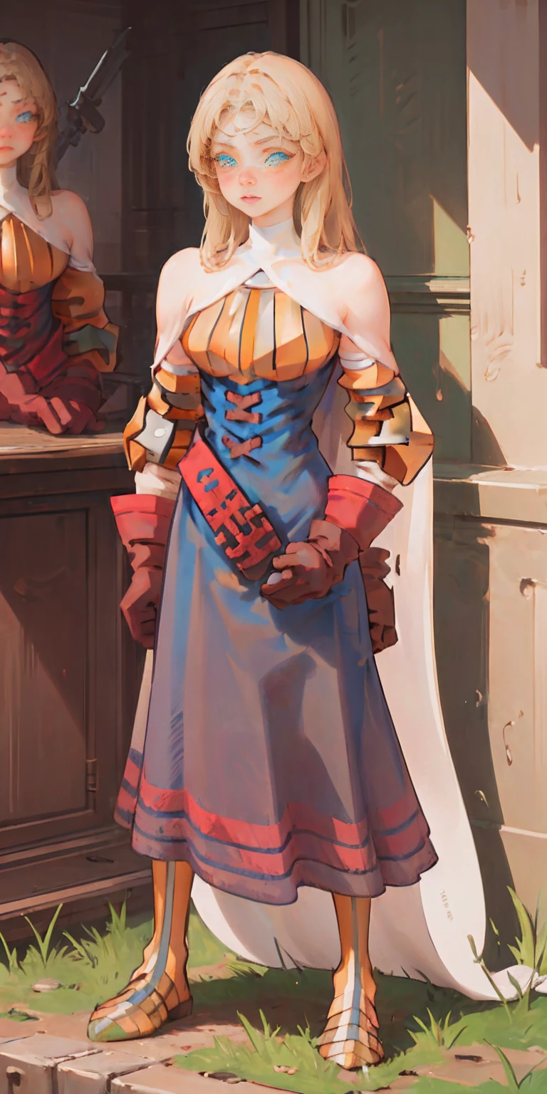 (masterpiece, best quality) 1sologirl, KnightFFT, long hair, blonde hair, blue eyes, cape, armor, blue dress, belt, gloves, boots