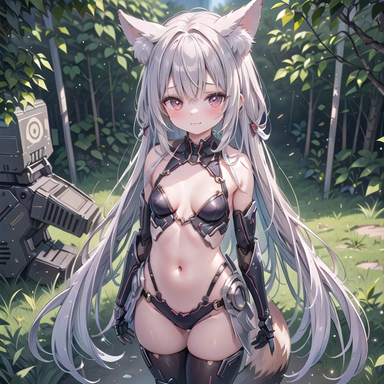 (Fox Girl, Fox Ears, Silver Hair, Fox Makeup, One Woman, Long Hair:1.6), (mecha musume, Machinery Parts,Robot Joints, Red color, I can see her cleavage, Skin is visible:1.8), (Body measurements are 75-60-75!, Young girl body, Small breasts, Emphasize the chest, Standing posture, Muscular, Sixpad:1.9), Avatar, face, lewd face, Dominant representation, naughty face, Uplifting, Skin Texture, outside, Grassy field