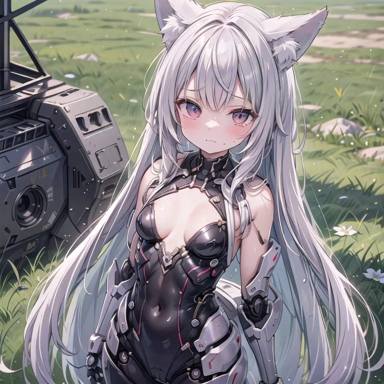 (Fox Girl, Fox Ears, Silver Hair, Fox Makeup, One Woman, Long Hair:1.6), (mecha musume, Machinery Parts,Robot Joints, Red color, I can see her cleavage, Skin is visible:1.8), (Body measurements are 75-60-75!, Young girl body, Small breasts, Emphasize the chest, Standing posture, Muscular, Sixpad:1.9), Avatar, face, lewd face, Dominant representation, naughty face, Uplifting, Skin Texture, outside, Grassy field