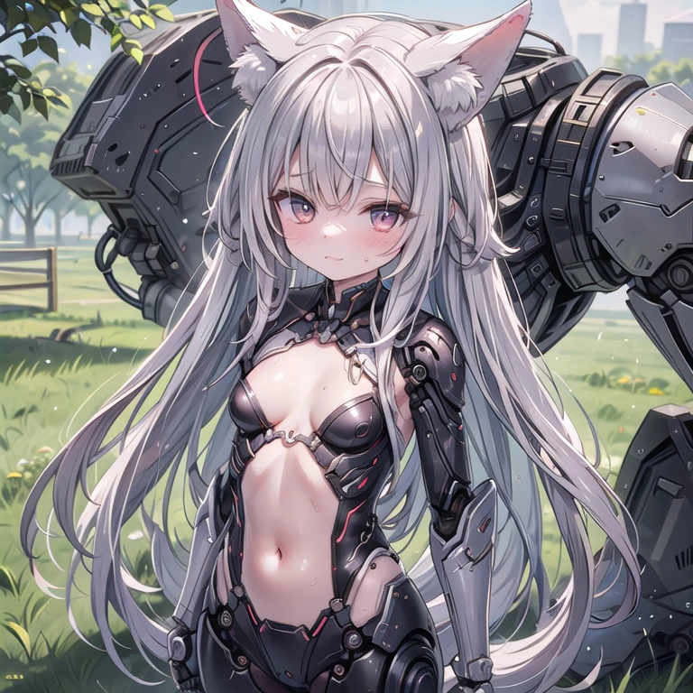 (Fox Girl, Fox Ears, Silver Hair, Fox Makeup, One Woman, Long Hair:1.6), (mecha musume, Machinery Parts,Robot Joints, Red color, I can see her cleavage, Skin is visible:1.8), (Body measurements are 75-60-75!, Young girl body, Small breasts, Emphasize the chest, Standing posture, Muscular, Sixpad:1.9), Avatar, face, lewd face, Dominant representation, naughty face, Uplifting, Skin Texture, outside, Grassy field