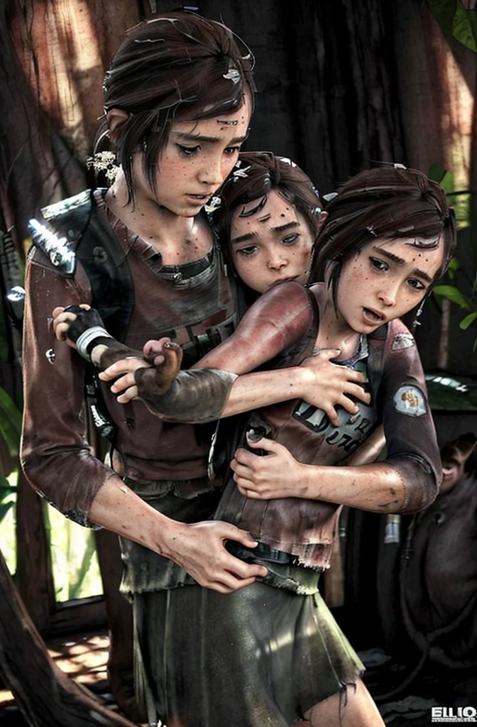 A (((beautiful  tween holding a monkey and a monkey in her arms,))) ((Ellie from the last of us part one)) a, Wearing micro skirt. ((And her get hugs with Lewd monkey groping her in jungle)).(realistic arts), intricate, (monkey craves her carnally), nipslip, puffy nip, milky, ((monkey grabbing breasts))