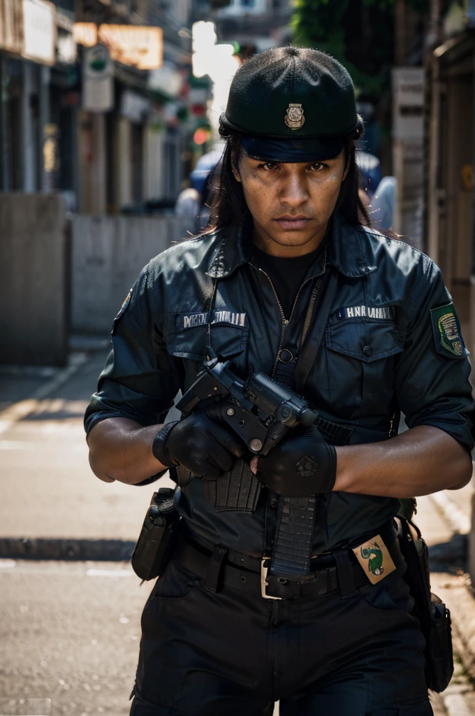 a highly detailed portrait of a Brazilian military police officer, military uniform, intense expression, serious look, strong facial features, muscular build, holding assault rifle, urban city background, dramatic lighting, cinematic composition, photorealistic, 8k, HDR, hyper-detailed