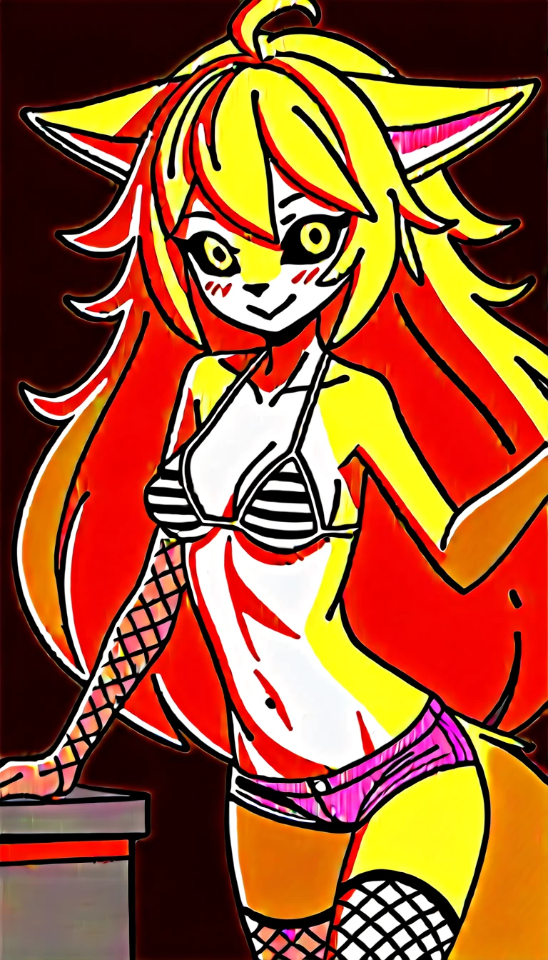 Excited expression, 1girl, anthro, furry, fur, fluffy fur, fox girl, yellow hair (orange highlights), black sclera, yellow eyes, glowing eyes, long hair, Messy hair, (19 years), medium breast, thighs, solo, (futuristic bedroom), neon lights, detailed, white bikini (striped bikini),  black shorts, white fishnet stockings, white fishnet armwear, wide smile (closed mouth), looking at the viewer, blush, (robot), score_9, score_8_up, score_7_up, score_6_up, score_5_up, score_4_up