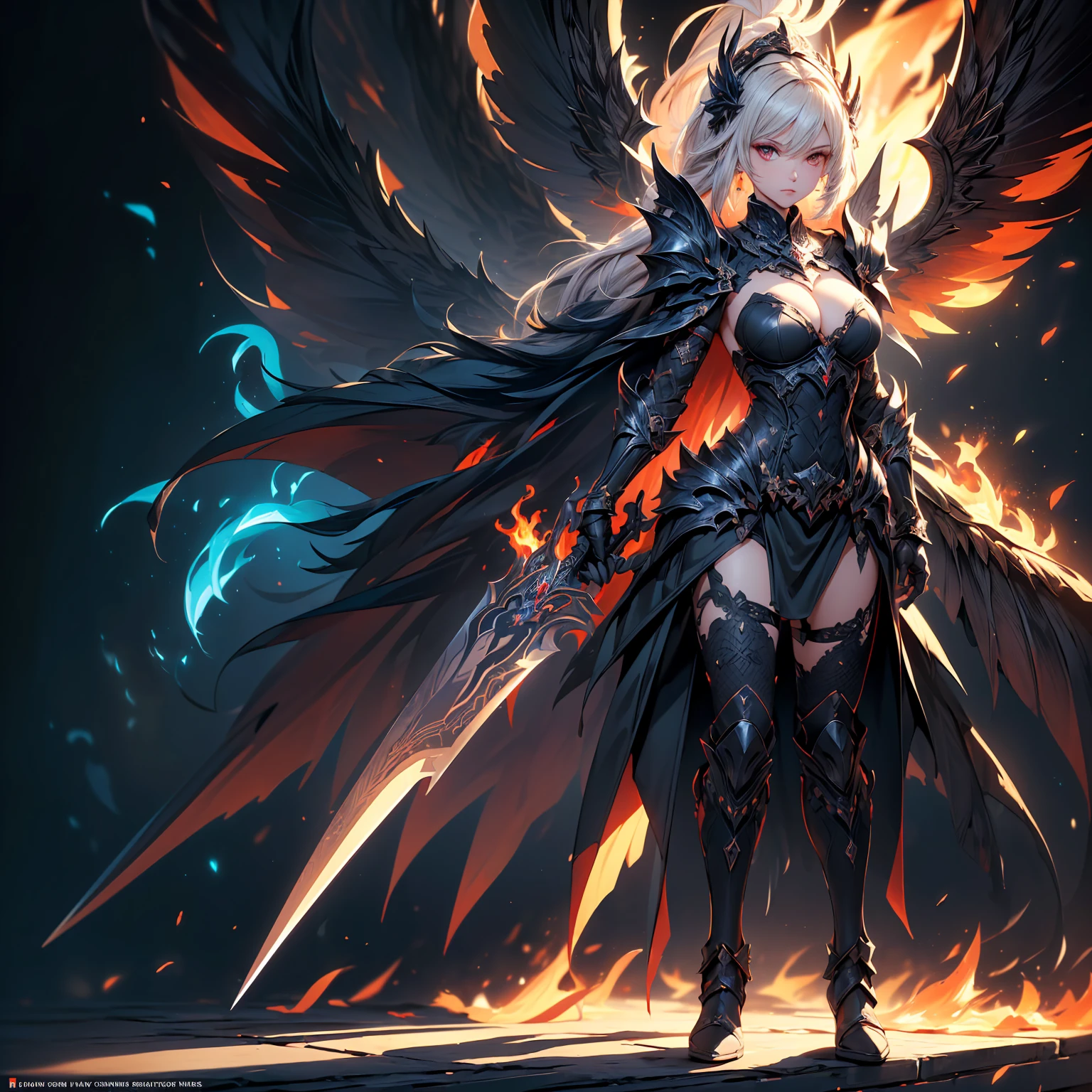 (((masterpiece, best quality, high detailed, 8k))) Design a layout showcase Gaming character, (1girl). Black+Crimson dark armor, stylish and unique. ((weapon:1.4)), cursed sword. (masterpiece:1.2), (best quality), 4k, ultra-detailed. (luminous lighting, atmospheric lighting). dark warrior, ((six wings of shadow and fire)), ((glove full hands)), (((revealing clothes:1.3))), vambraces, armored legwear, (((full_body_shot:1.4))). {In an infernal realm}. (((extremely imposing presence, black flames, super strong, incredibly beautiful with dark armor))).