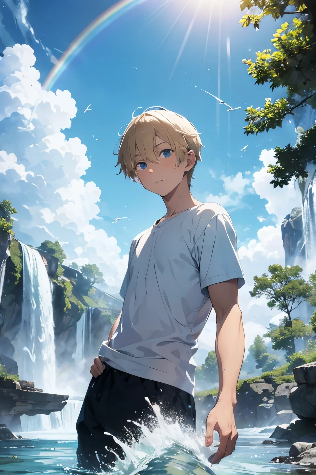 A well-detailed blond-haired, blue-eyed boy  with a white and green shirt enjoying the view of a waterfall with a rainbow on top and a very blue sky full of white birds flying 